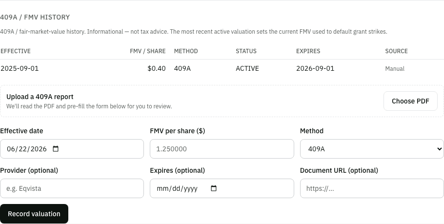 Uploading a 409A report PDF in the Manage panel, with the form pre-filled for review