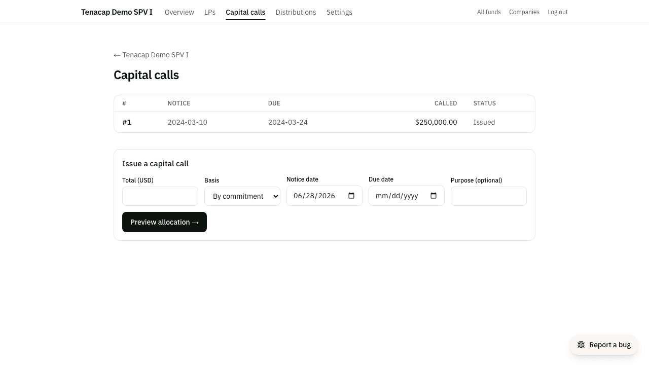 The capital calls list with the issue-a-call form and allocation preview