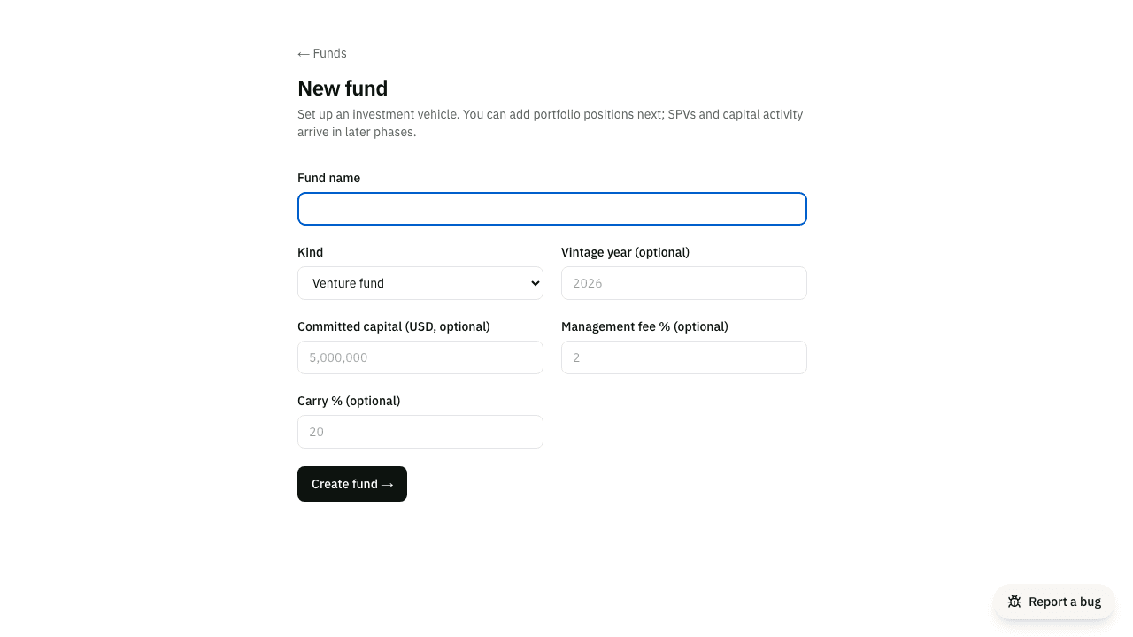 The New fund form with name, kind, committed capital, and fee/carry rates