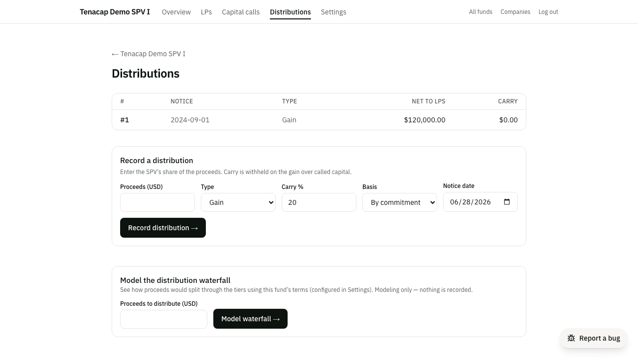 The distributions tab with the record-distribution form and the waterfall modeling tool