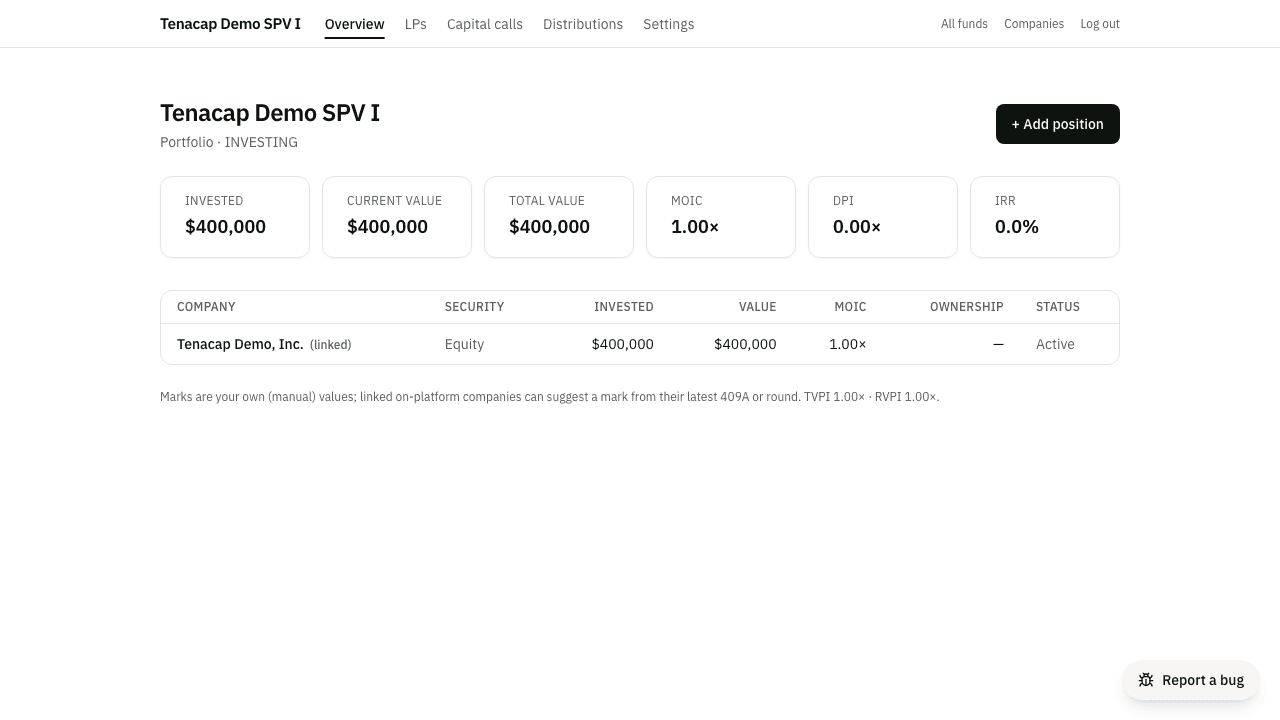 A fund dashboard showing invested, value, MOIC, DPI, IRR, and the positions table